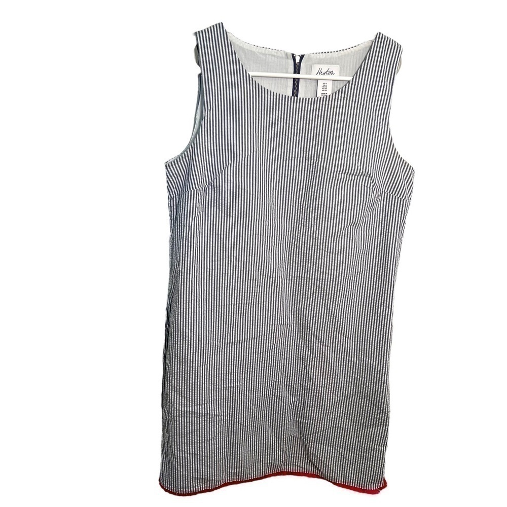 Heyton Women's Size 6 Sleeveless Shift Dress White Blue Seersucker Stripe Pink